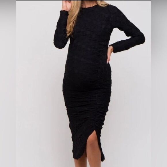 Pinkblush black Textured Ruched Maternity Midi Dress size small - Picture 2 of 9